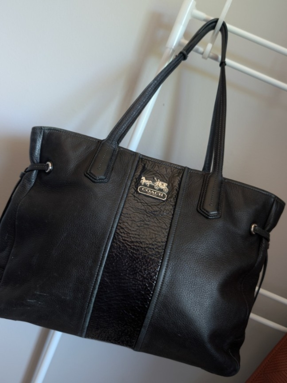 Coach Black Leather Tote with Signature Plaque